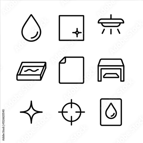 Spot UV Coating Icons. Outline icon set of spot UV coatings: gloss drop, matte surface, UV lamp, coating tray, mask film, curing
