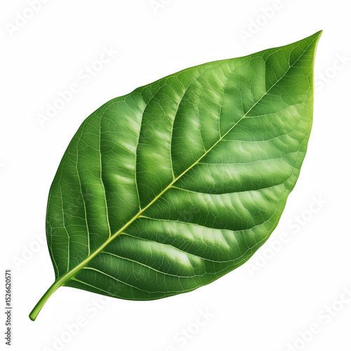 Green leaf with smooth texture and detailed veins, isolated on white background.