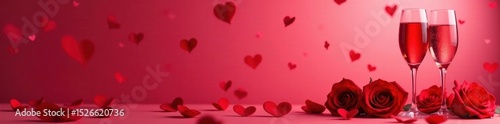 Two elegant champagne flutes & red roses on a heart-shaped background , beautiful, still life, image