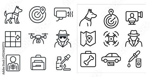 Sleuth and technology icons for detective, surveillance, drone concepts