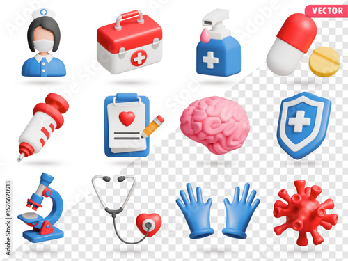 Medical 3D Vector Icon Set: nurse,aid kit,washing foam,pills,syringe,clipboard,brain,shield,microscope,stethoscope,rubber rubber gloves,viris.