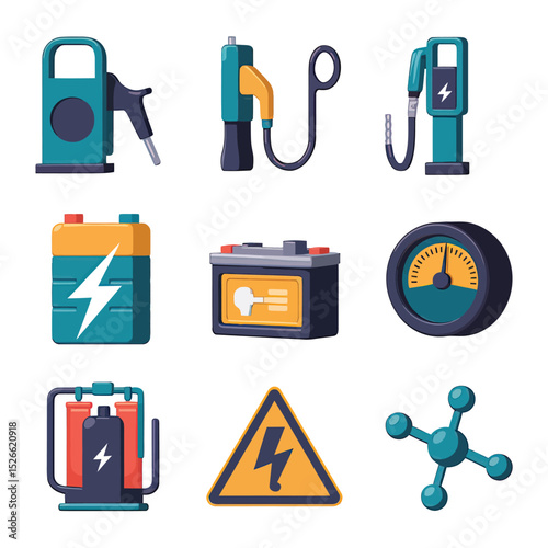vector icons to vehicle fueling and charging a gasoline pump, an electric vehicle plug hydrogen mole