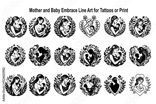 Mother and Baby Embrace Icon Set, Love Symbol, Floral Ornaments, Transparent