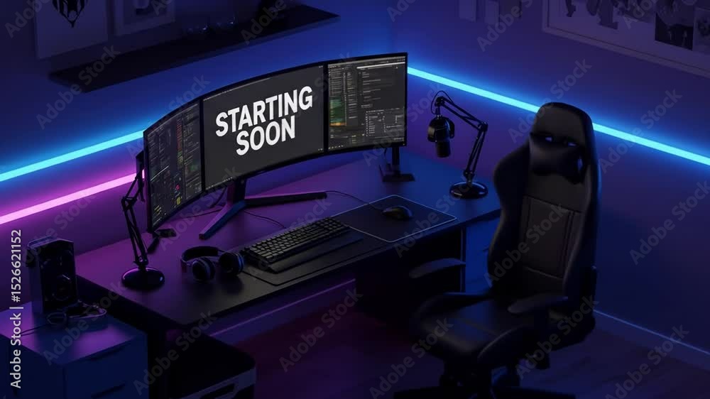 Neon Lit Gaming Setup - Starting Soon Screen. Stream starting soon screen, overlay loop, animated virtual backgrounds, cozy lo-fi gaming room view. vtuber asset twitch zoom OBS, anime chill