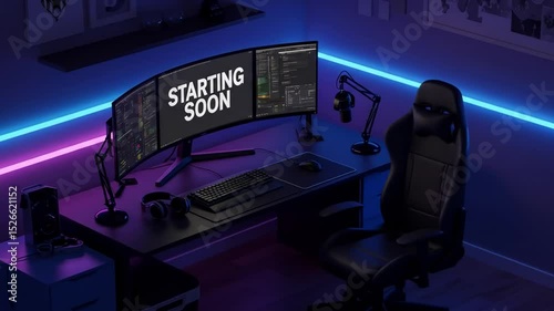 Neon Lit Gaming Setup - Starting Soon Screen. Stream starting soon screen, overlay loop, animated virtual backgrounds, cozy lo-fi gaming room view. vtuber asset twitch zoom OBS, anime chill