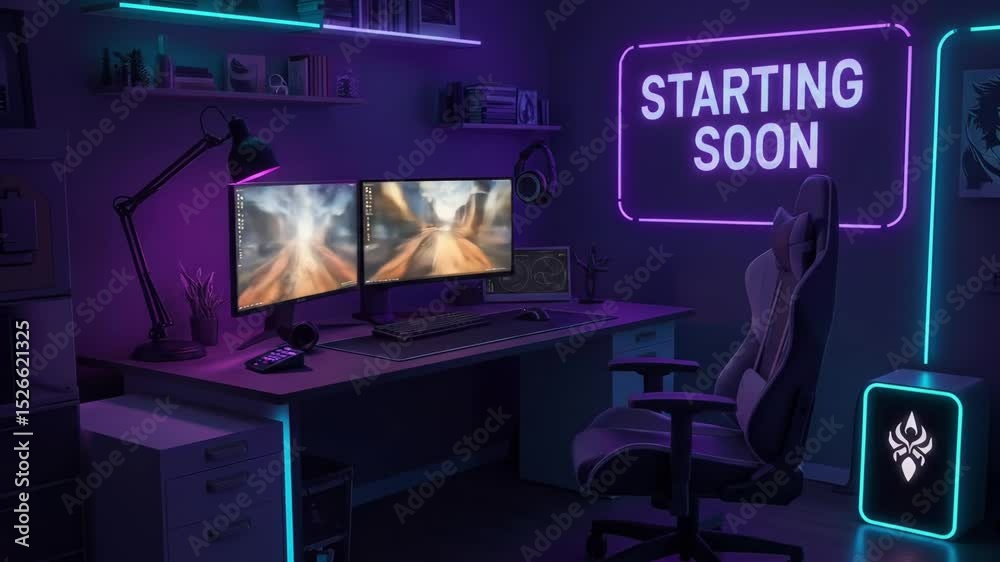 Neon Lit Gaming Room Setup with Dual Monitors. Stream starting soon screen, overlay loop, animated virtual backgrounds, cozy lo-fi gaming room view. vtuber asset twitch zoom OBS, anime chill