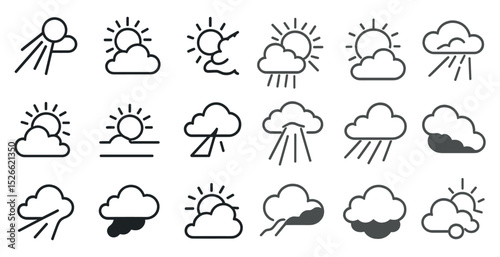 Minimalist weather icons: sun, clouds, and rain for app and web design