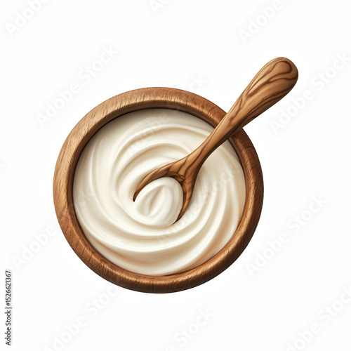 Top view of wooden bowl with creamy white sauce and wooden spoon, isolated on white background.