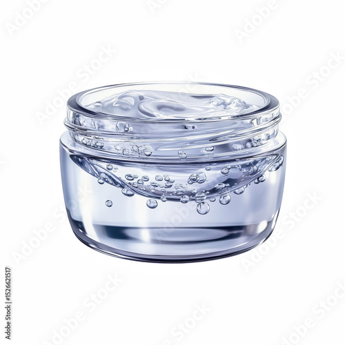Open clear jar with transparent cosmetic gel and air bubbles, isolated on white background.