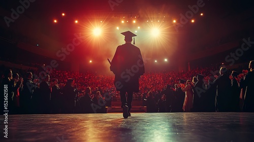 Graduate celebrating under bright lights with a cheering crowd.