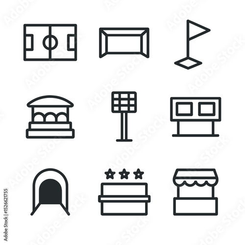Stadium Icon Set. Outline icon set of stadium and venue features: pitch outline, goalpost, corner flag, spectator stand,