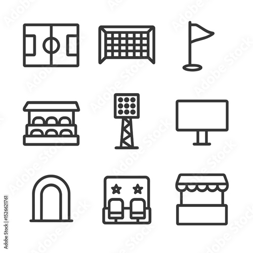 Stadium Icon Set. Outline icon set of stadium and venue features: pitch outline, goalpost, corner flag, spectator stand,