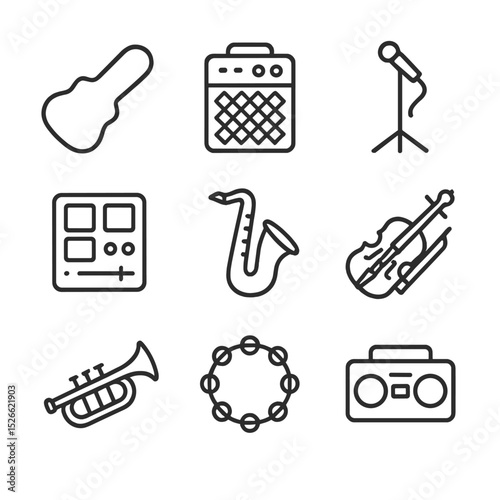 Street Music Icons Set. Outline icon set of street musician performances: guitar case, amplifier, microphone stand, drum pad,