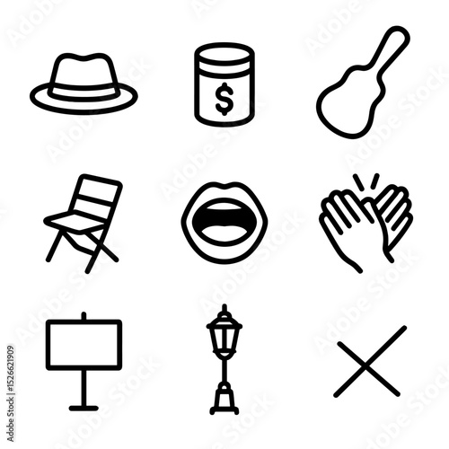 Street Performance Icons. Outline icon set of street performance audience: busker hat, tip jar, guitar case, folding chair, open