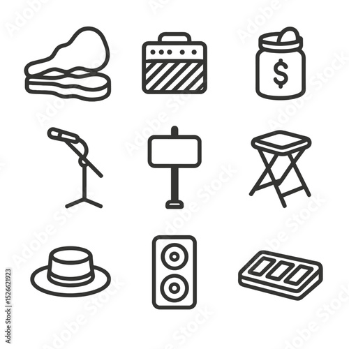 Street Musician Icon Set. Outline icon set of street musician setup: open guitar case, portable amp, tip jar, microphone boom,
