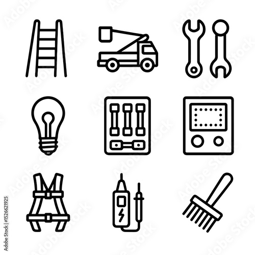 Streetlight Maintenance Icons. Outline icon set of streetlight maintenance tools: ladder, bucket truck, wrench set, replacement