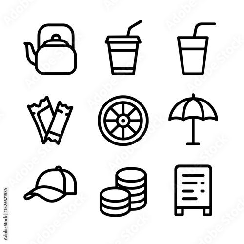 Street Tea Vendor Icons. Outline icon set of street tea vendor: kettle, paper cup, straw, sugar packets, cart wheel, umbrella,