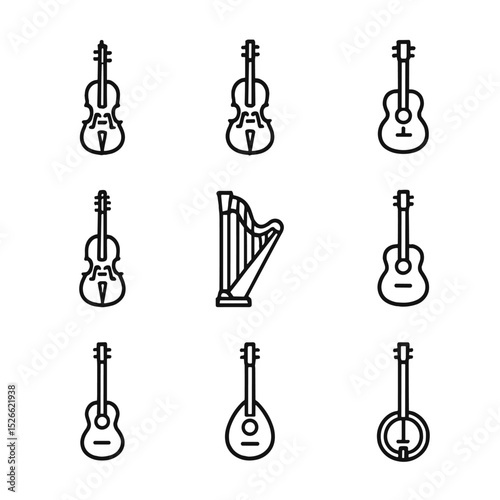 String Instruments Icons. Outline icon set of string instruments: violin, viola, cello, double bass, harp, guitar, ukulele,