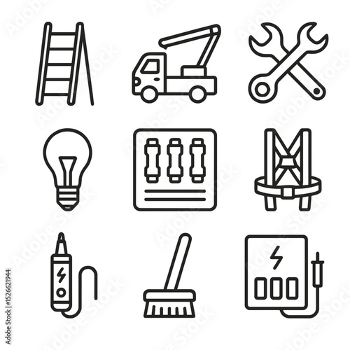 Streetlight Maintenance Icons. Outline icon set of streetlight maintenance tools: ladder, bucket truck, wrench set, replacement