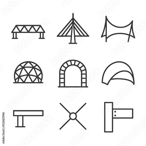 Structural Art Icons. Outline icon set of structural art and engineering: truss bridge, cable-stayed tower, tensile membrane roof,