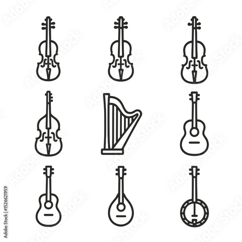 String Instruments Icons. Outline icon set of string instruments: violin, viola, cello, double bass, harp, guitar, ukulele,