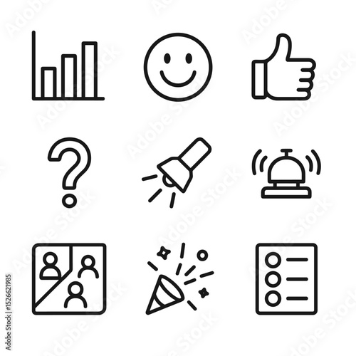 Student Engagement Icons. Outline icon set of student engagement tools: poll chart, emoji reaction, thumbs-up, question mark,