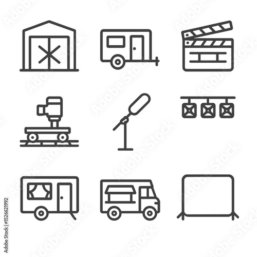 Studio Icon Set. Outline icon set of studio and backlot: soundstage door, production office trailer, film slate clapboard, camera