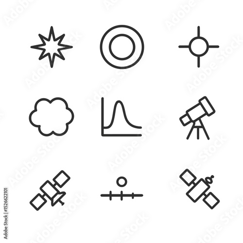 Supernova Icon Set. Outline icon set of supernovae: exploding star, shockwave ring, neutron star icon, remnant cloud, light curve,
