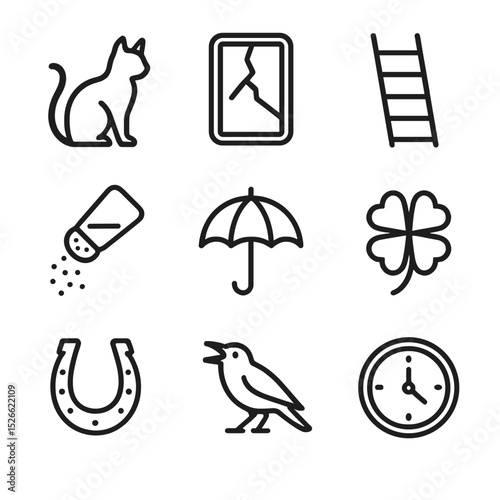Superstitious Icons Grid. Outline icon set of superstitious signs: black cat silhouette, broken mirror, ladder overhead, spilled