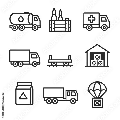 Supply Line Icons. Outline icon set of supply line logistics: fuel tanker, ammo crate, medical convoy, transport truck, rail