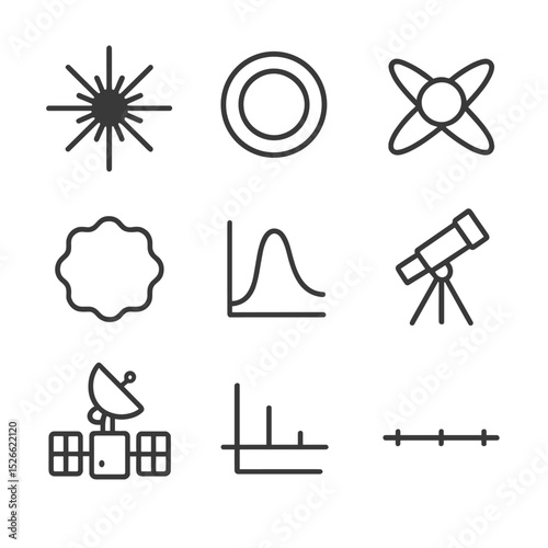 Supernova Icon Set. Outline icon set of supernovae: exploding star, shockwave ring, neutron star icon, remnant cloud, light curve,