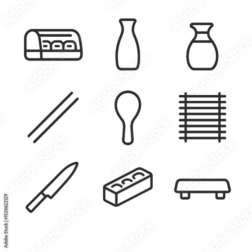 Sushi Bar Icons. Outline icon set of sushi bar equipment: sushi counter, sake bottle, soy sauce dispenser, chopsticks, rice paddle