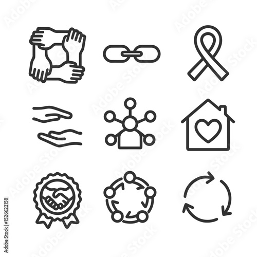 Support Community Icons. Outline icon set of supportive community: joined hands, solidarity chain, unity ribbon, helping hands,