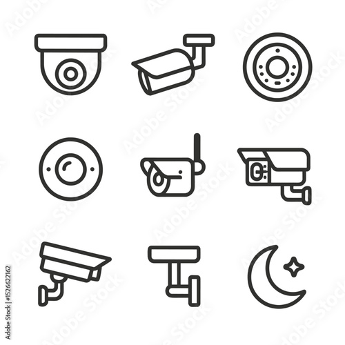 Surveillance Camera Icons. Outline icon set of surveillance cameras: dome camera, bullet camera, PTZ camera, fisheye camera,