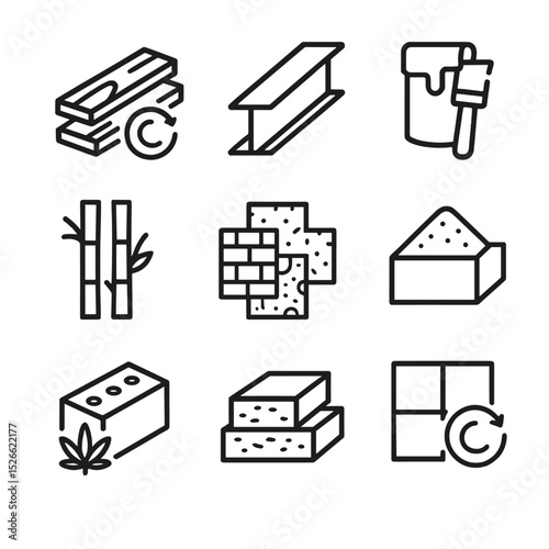 Sustainable Materials Icons. Outline icon set of sustainable materials and construction: reclaimed wood, recycled steel beam,