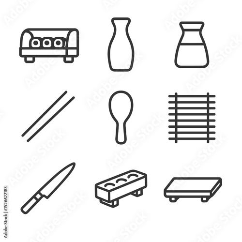 Sushi Bar Icons. Outline icon set of sushi bar equipment: sushi counter, sake bottle, soy sauce dispenser, chopsticks, rice paddle