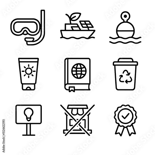 Sustainable Tourism Icons. Outline icon set of sustainable tourism practices: snorkel mask, eco boat, mooring buoy, reef-safe