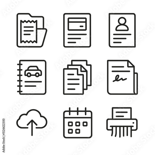 Tax Recordkeeping Icons. Outline icon set of tax recordkeeping essentials: receipt folder, bank statement, payroll records,