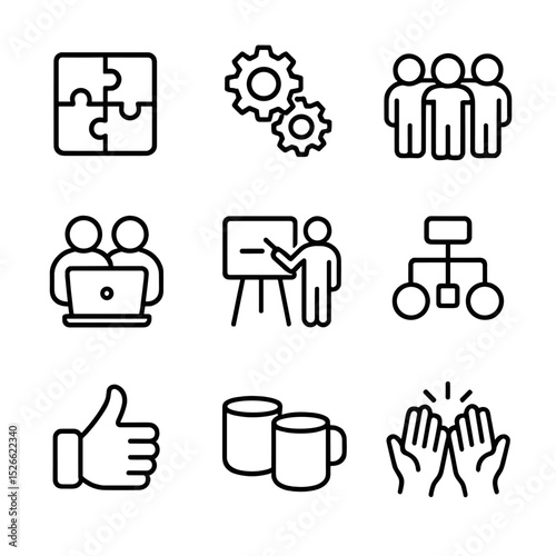 Teamwork Icon Set. Outline icon set of teamwork and collaboration: puzzle pieces, gear wheels, group huddle, shared laptop,