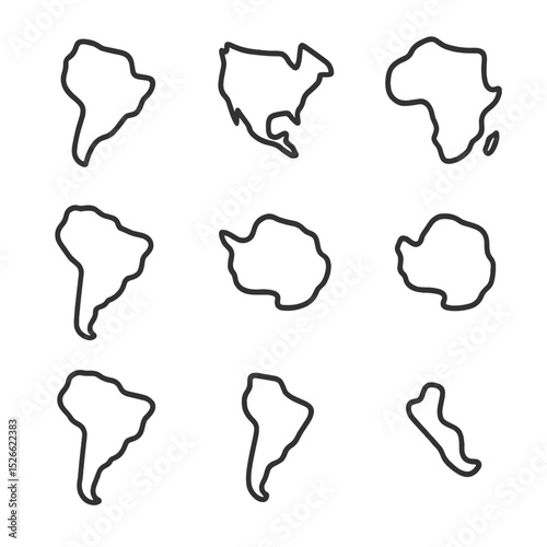 Tectonic Plates Icons. Outline icon set of major tectonic plates: Pacific Plate, North American Plate, Eurasian Plate, African