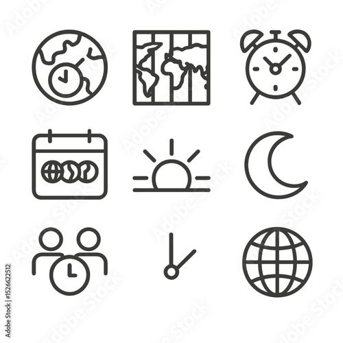 Time Zone Icons. Outline icon set of time zone management: world clock, timezone map, alarm clock, calendar with zones, sunrise