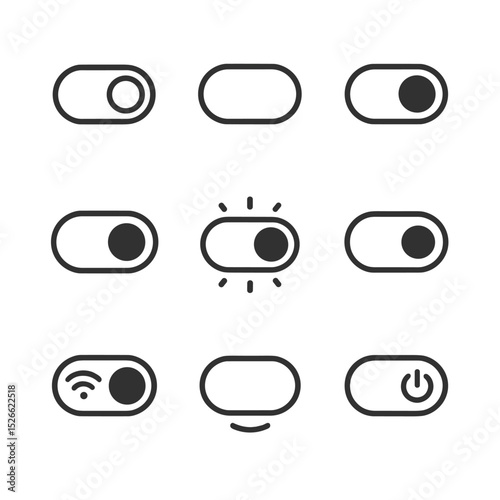 Toggle Switch Icon Set. Outline icon set of toggle switch transitions: sliding knob, off-to-on color change, label fade, hover