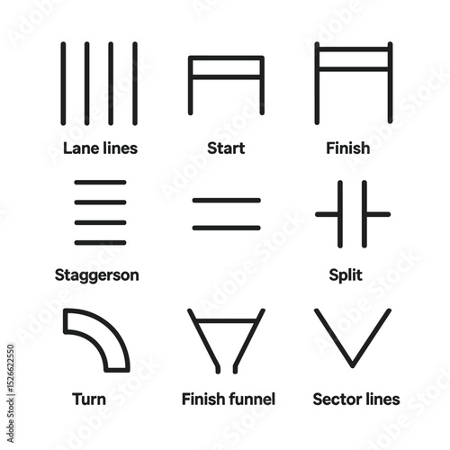 Track Markings Icons. Outline icon set of track markings: lane lines, start line, finish line, staggered start, exchange zone,