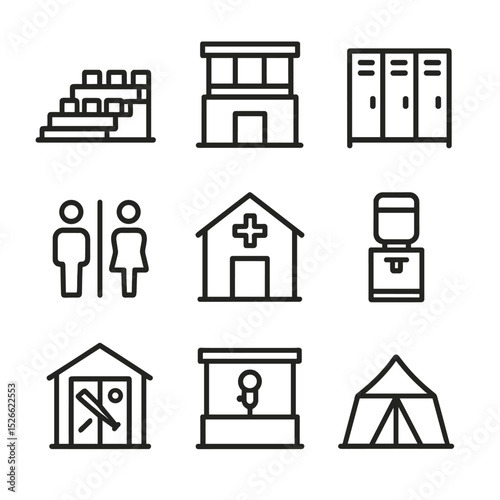 Trackside Facility Icons. Outline icon set of trackside facilities: grandstand, press box, locker room, restroom, first aid