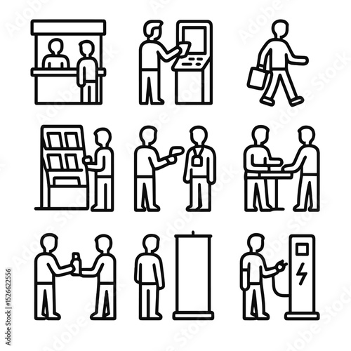Trade Show Icons. Outline icon set of trade show visitors: exhibitor booth, demo kiosk, swag bag, badge scanner, brochure rack,