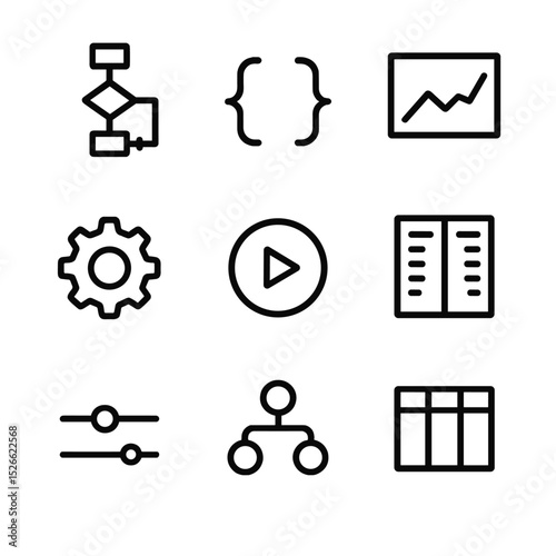 Trading Strategy Icons. Outline icon set of algorithmic trading strategies: strategy flowchart, code bracket, backtest graph,
