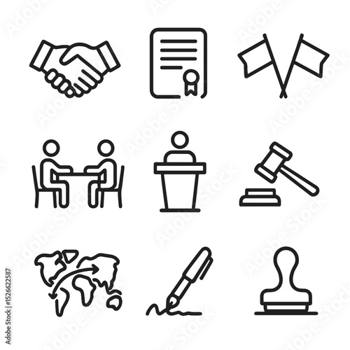 Trade Icons Set. Outline icon set of trade agreement negotiation: handshake, treaty document, flag icons, negotiation table,
