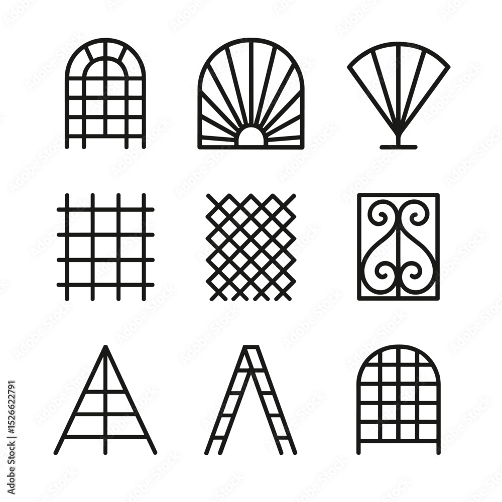 Trellis Design Icons. Outline icon set of trellis design varieties: arched trellis, sunburst panel, fan-shaped trellis, lattice