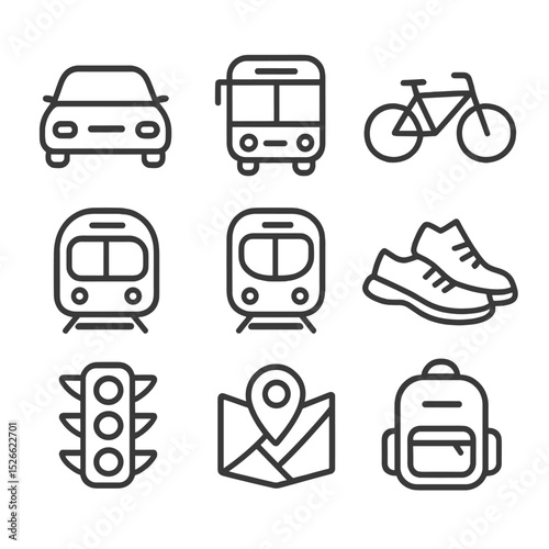 Transportation Icons Grid. Outline icon set of commute icons: car, bus, bicycle, train, metro, walking shoes, traffic light, GPS