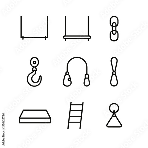 Trapeze Gear Icons. Outline icon set of trapeze gear: flying trapeze, static trapeze, swivel, rigging hook, safety cable, lanyard,
